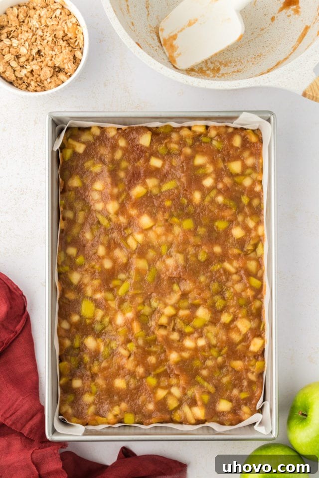 Overhead view of caramel apple bars in pan before adding crust topping