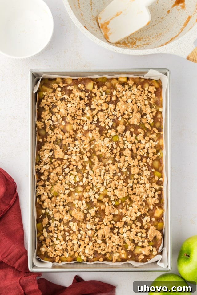 Overhead view of caramel apple bars in pan before baking