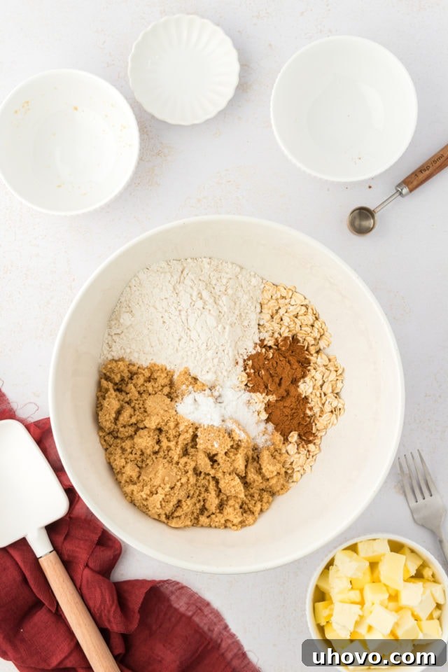Overhead view of dry ingredients for crust in mixing bowl before stirring