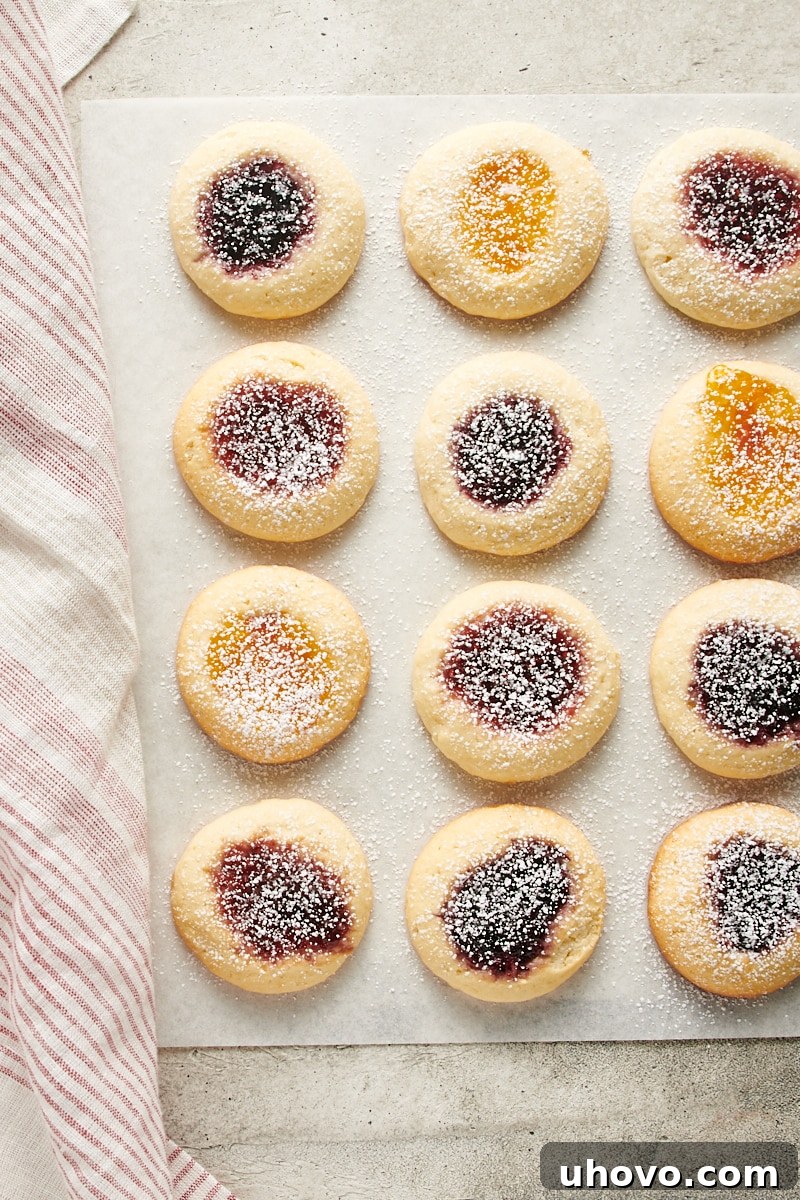 Overhead view of Cream Cheese Thumbprint Cookies after being dusted with a delicate layer of confectioners' sugar, adding a snowy finish to the jam-filled centers.