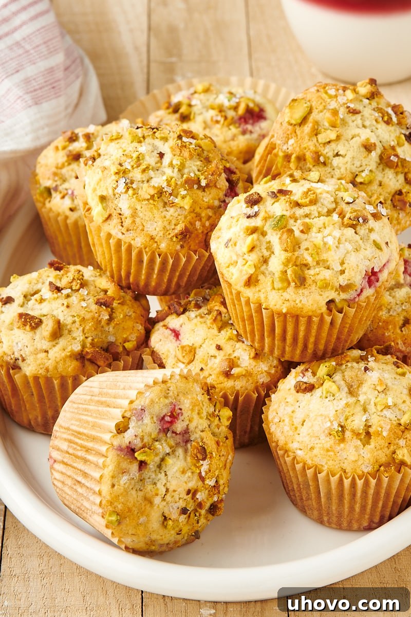 A vibrant display of freshly baked Raspberry Pistachio Muffins piled high on an oval white platter, ready to be enjoyed, showcasing their golden tops and visible fruit and nuts.