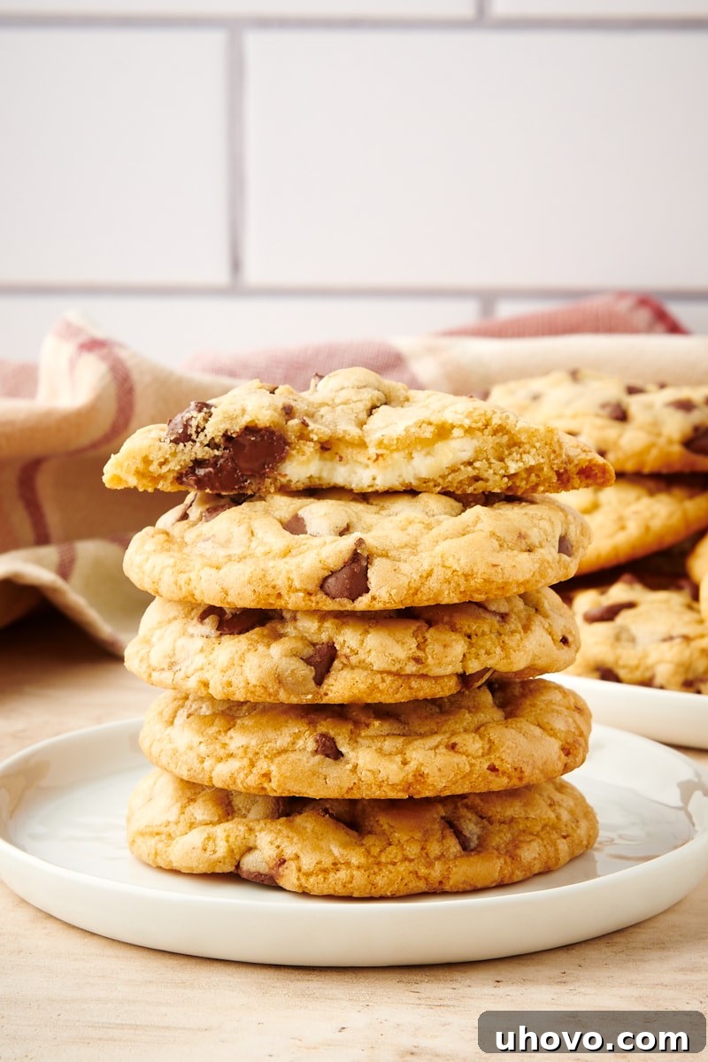 A beautiful stack of golden-brown Cheesecake-Stuffed Chocolate Chip Cookies presented on a simple white plate.