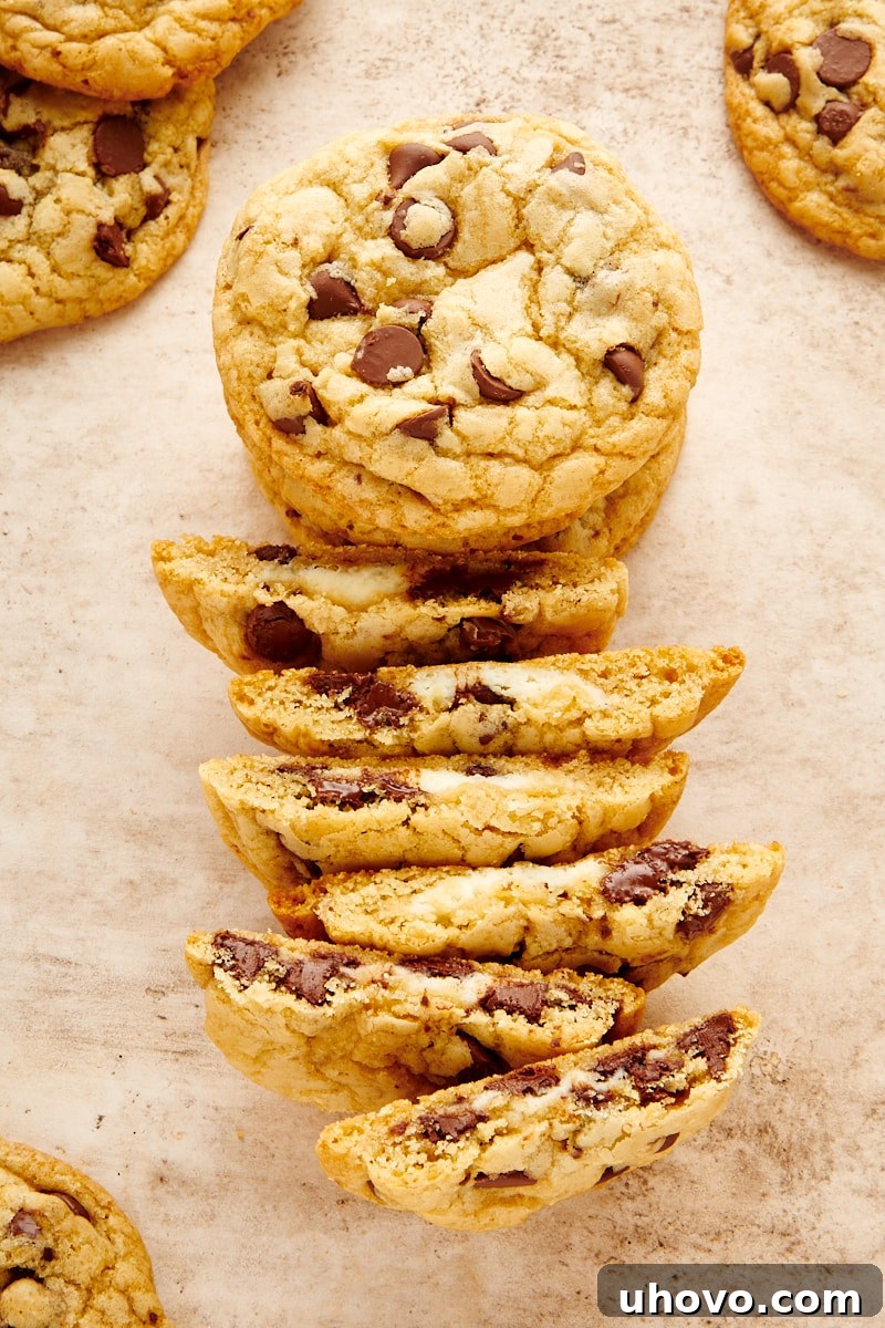 Overhead view of a stack of golden Cheesecake-Stuffed Chocolate Chip Cookies alongside several cookies split in half, beautifully displaying their creamy centers.