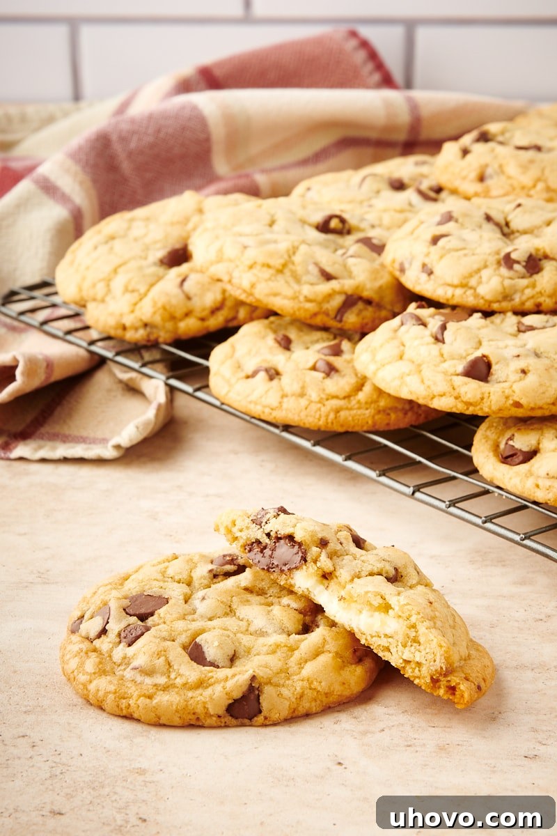 A close-up of one whole Cheesecake-Stuffed Chocolate Chip Cookie and another cut in half to reveal its creamy filling, with more cookies blurred in the background.