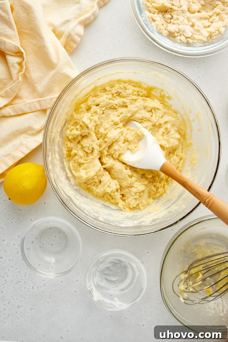 Overhead view of the mixed batter for Lemon Crumb Muffins, showing its slightly lumpy but combined consistency.
