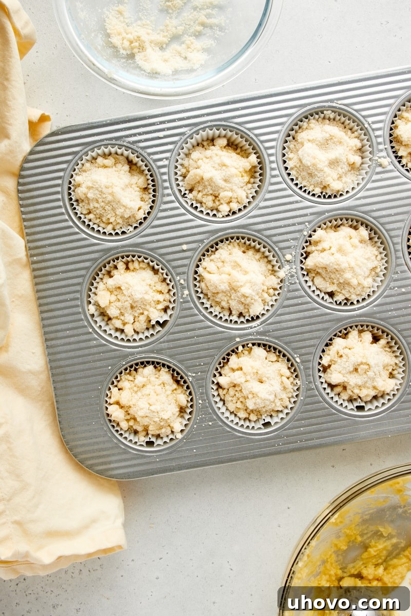 Overhead view of lemon muffin batter topped generously with streusel in a muffin pan, ready for baking.