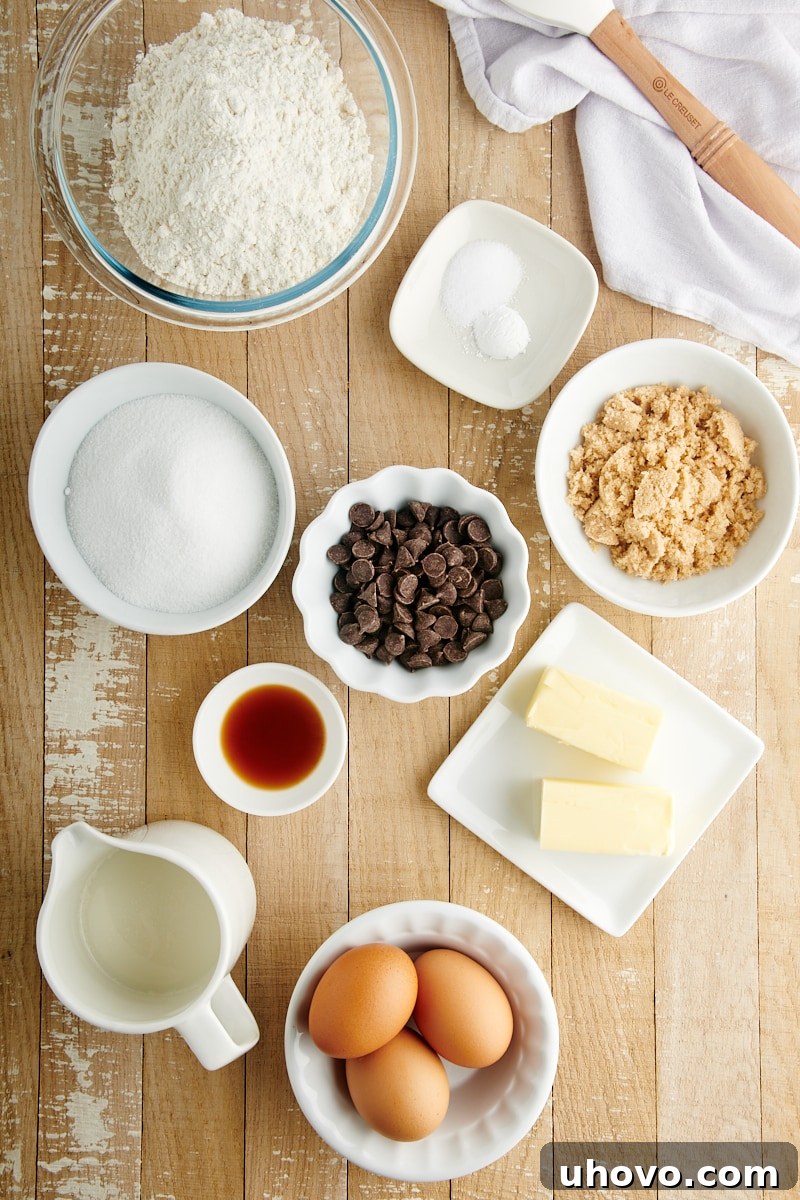Overhead view of various key ingredients for Chocolate Chip Loaf Cake laid out on a clean surface