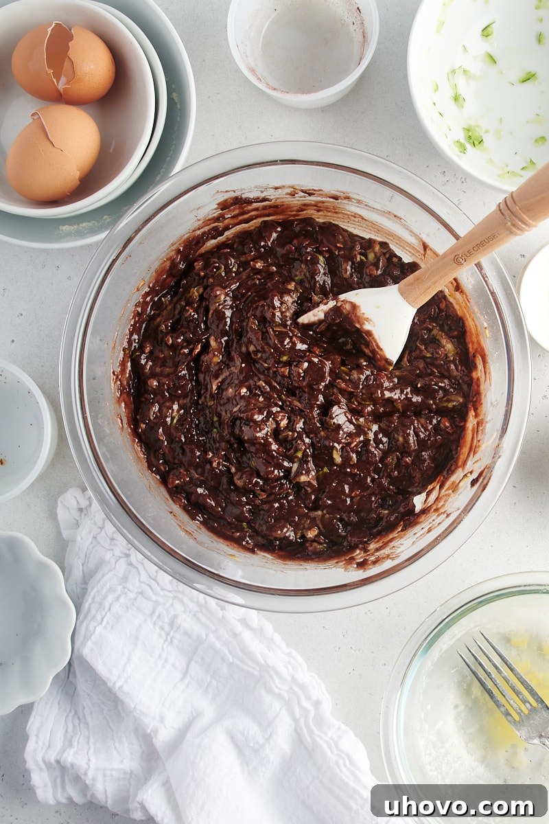 An overhead view of the fully mixed Chocolate Zucchini Bread batter, ready for the pan.
