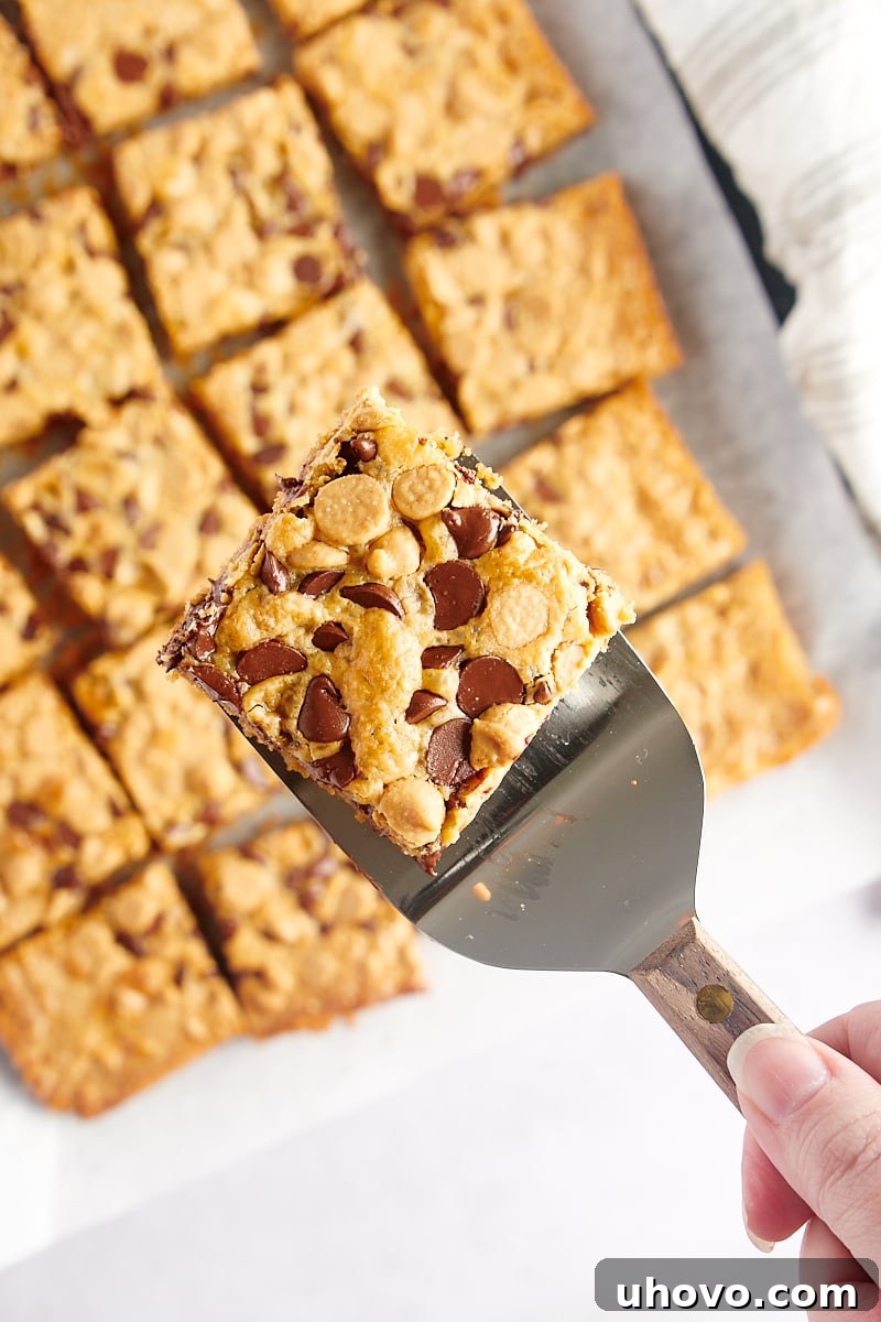 A spatula lifting a single Double Delicious Cookie Bar out of the pan, showcasing its thick layers and irresistible chewiness.