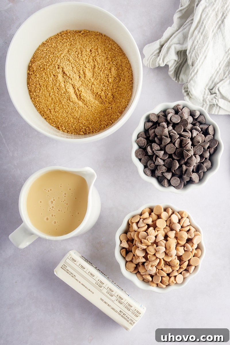 Overhead view of the five essential ingredients laid out for Double Delicious Cookie Bars: graham cracker crumbs, unsalted butter, sweetened condensed milk, chocolate chips, and peanut butter chips.