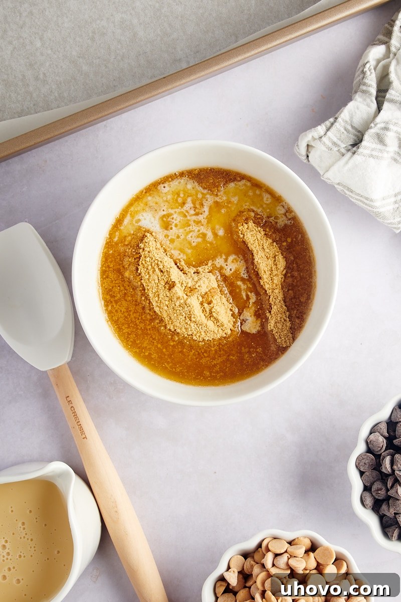 Overhead view of graham cracker crumbs and melted butter in a mixing bowl, ready to be combined for the crust.