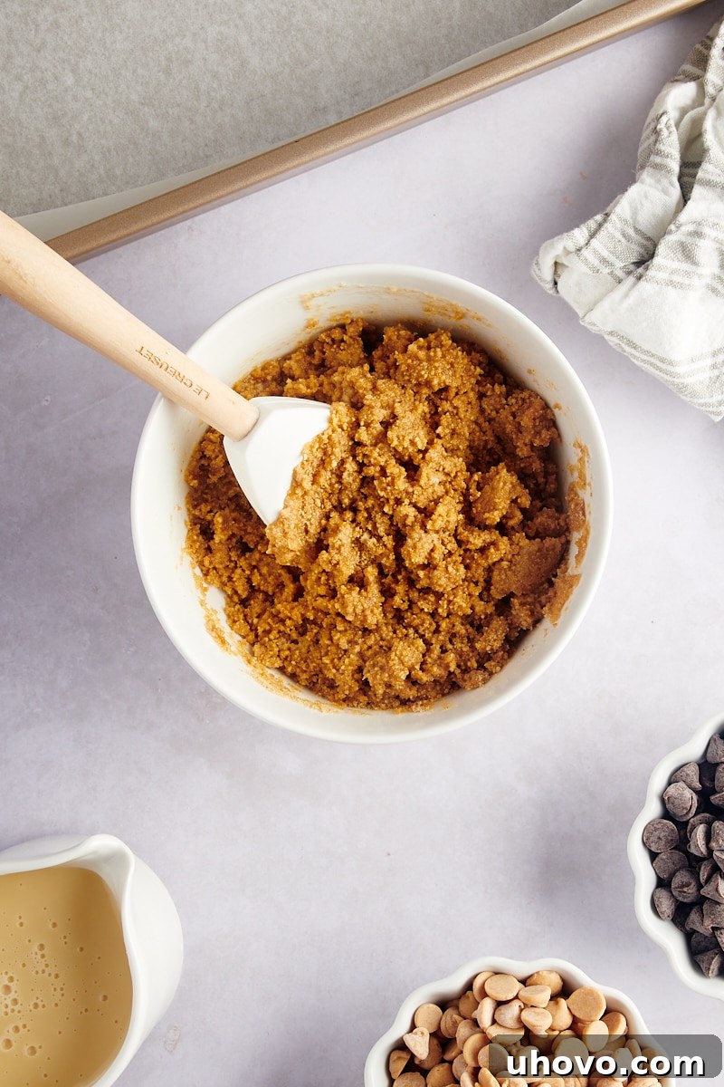 Overhead view of the mixed graham cracker crumb and butter mixture in a bowl, showing the consistency before pressing into the pan.