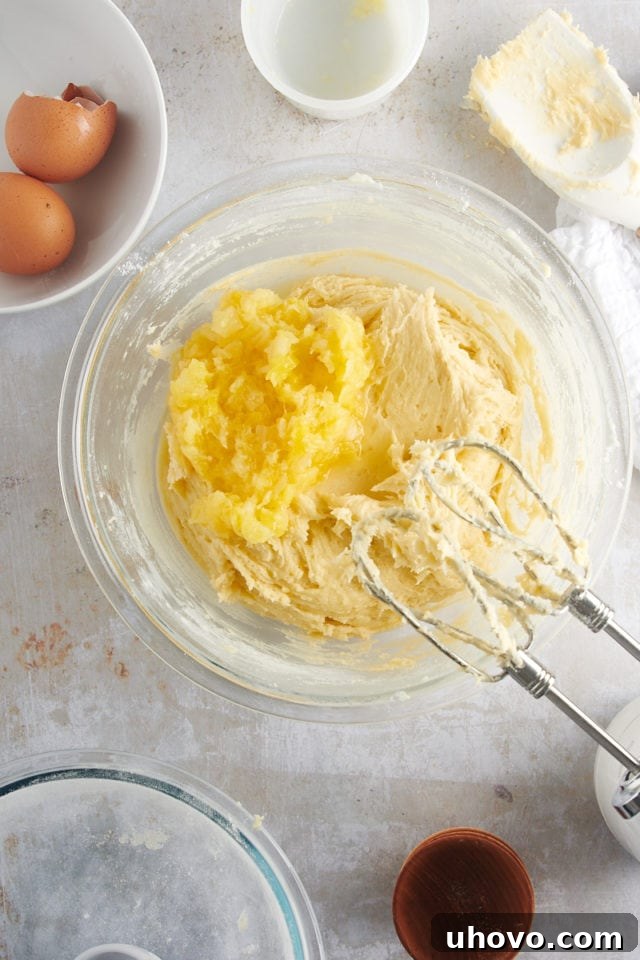 Overhead view of crushed pineapple being gently folded into the cookie dough mixture