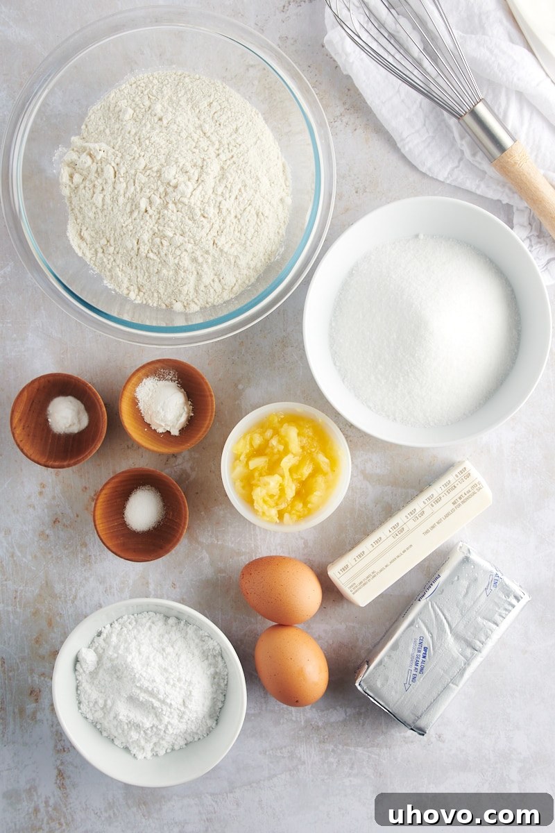 Overhead view of all the ingredients laid out on a table for making Pineapple Cream Cheese Cookies