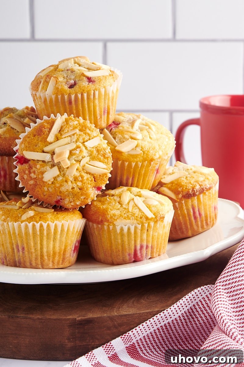 Red Currant Muffins piled on a white plate, showcasing their vibrant color and fluffy texture