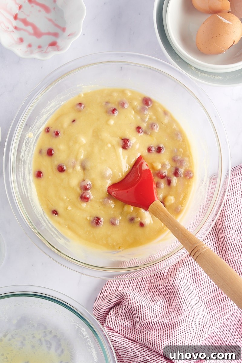 Overhead view of gently mixed Red Currant Muffins batter in a glass mixing bowl with berries distributed