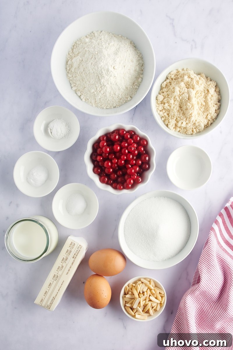 Overhead view of all ingredients for Red Currant Muffins laid out on a baking surface