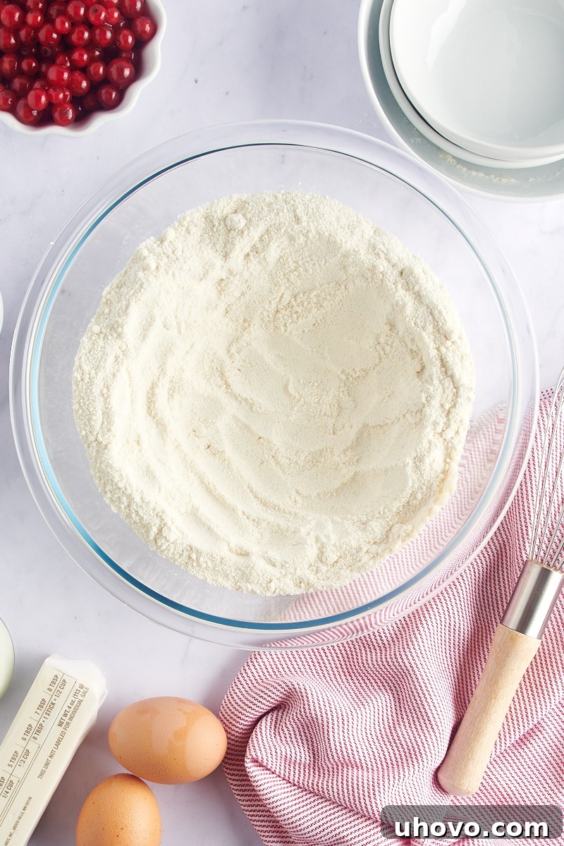 Mixed dry ingredients with a well created in the center, ready for wet ingredients