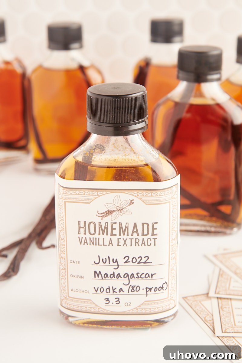 a bottle of homemade vanilla extract with a detailed label