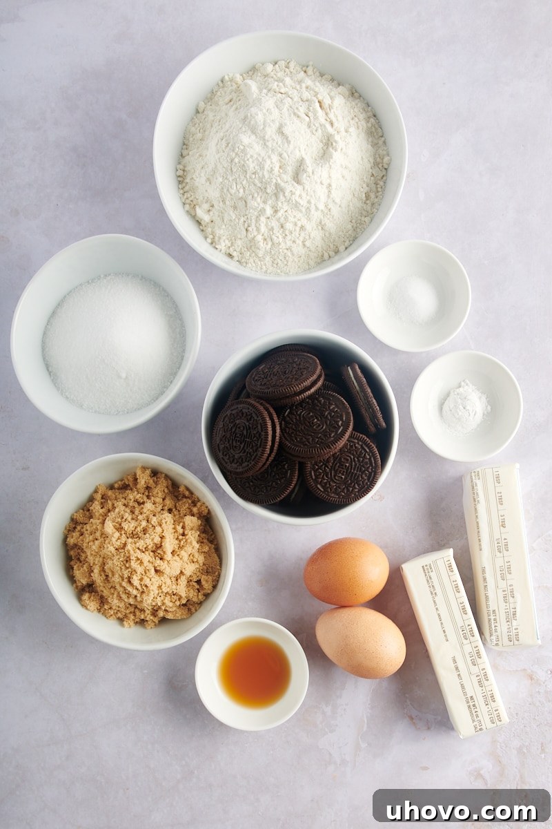 Overhead view of all the measured ingredients for Cookies and Cream Blondies, laid out neatly before mixing.
