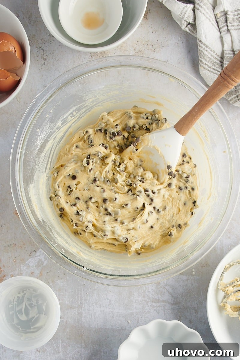An overhead view showcases the finished Mini Chocolate Chip Bundt Cake batter, rich and evenly studded with chocolate chips, ready to be poured into the baking pan.
