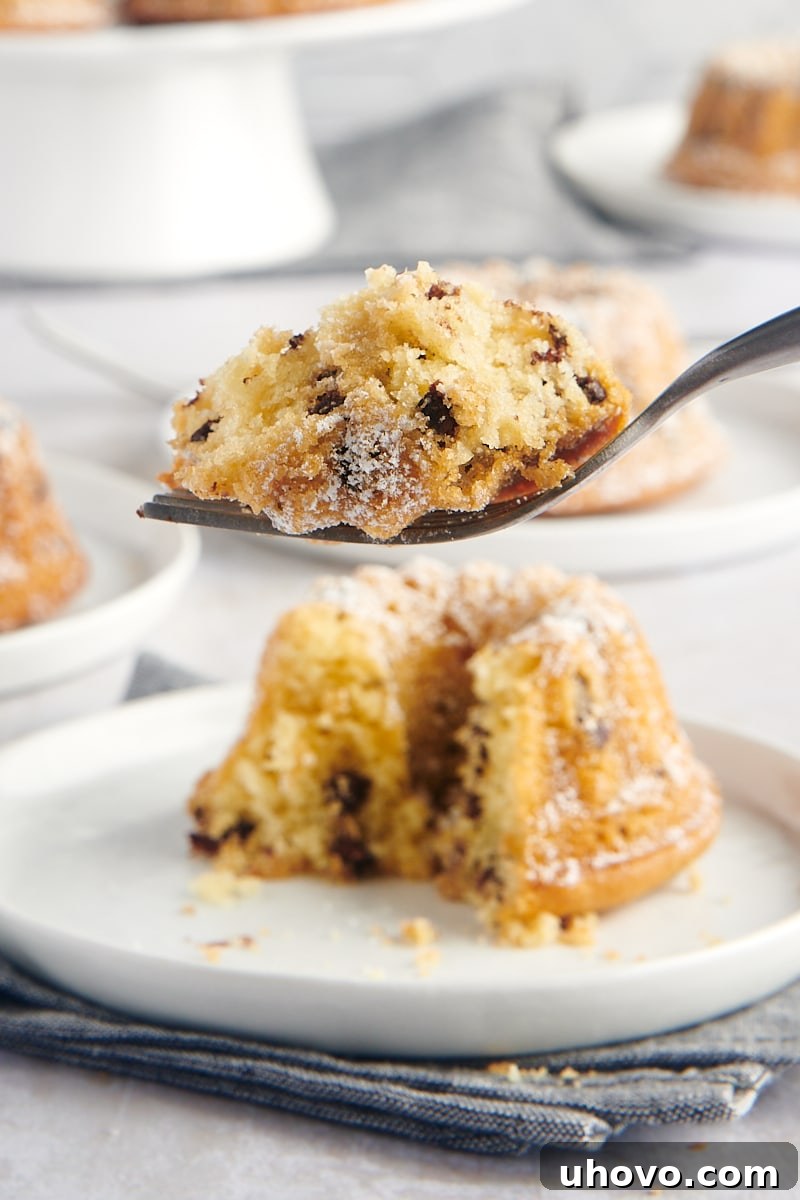 A close-up shot of a bite of Mini Chocolate Chip Bundt Cake on a fork, with the remaining cake gently blurred in the background, inviting a taste.