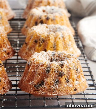 Mini Chocolate Chip Bundt Cakes on a wire cooling rack