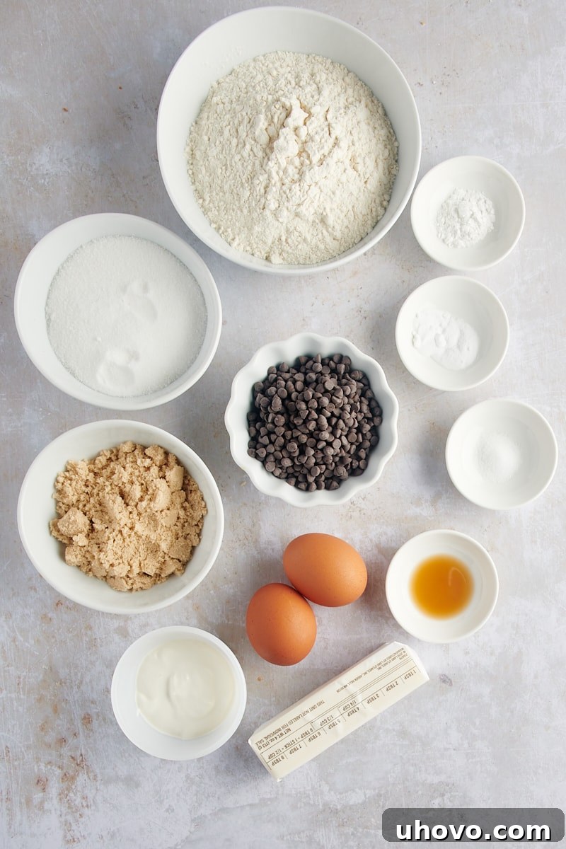 An overhead view displaying all the essential ingredients laid out for making Mini Chocolate Chip Bundt Cakes, emphasizing freshness and readiness.