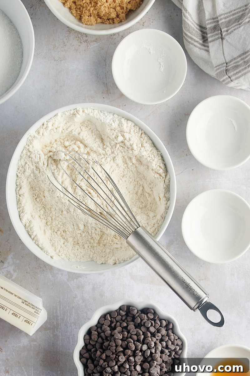 An overhead view showing the perfectly mixed dry ingredients for Mini Chocolate Chip Bundt Cakes in a white bowl, illustrating a uniform and lump-free blend.