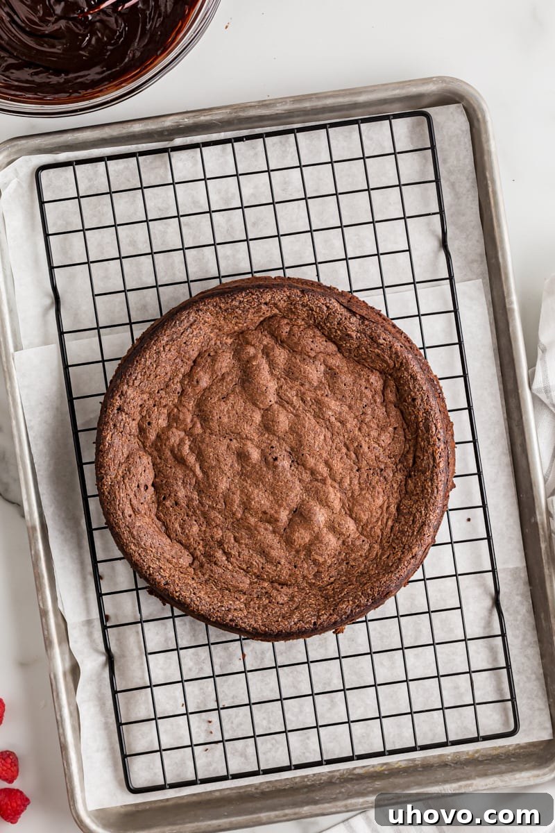 Flourless chocolate cake on wire rack