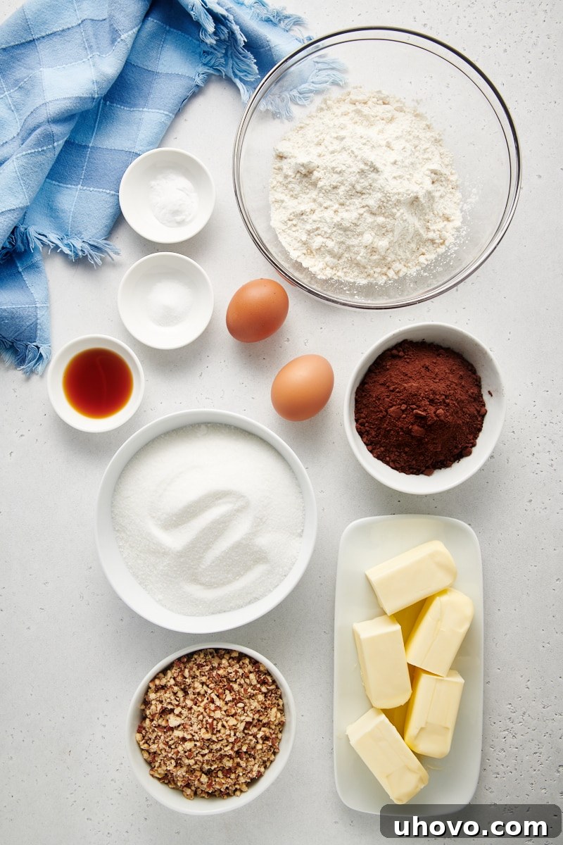 Overhead view of ingredients for chewy chocolate cookies