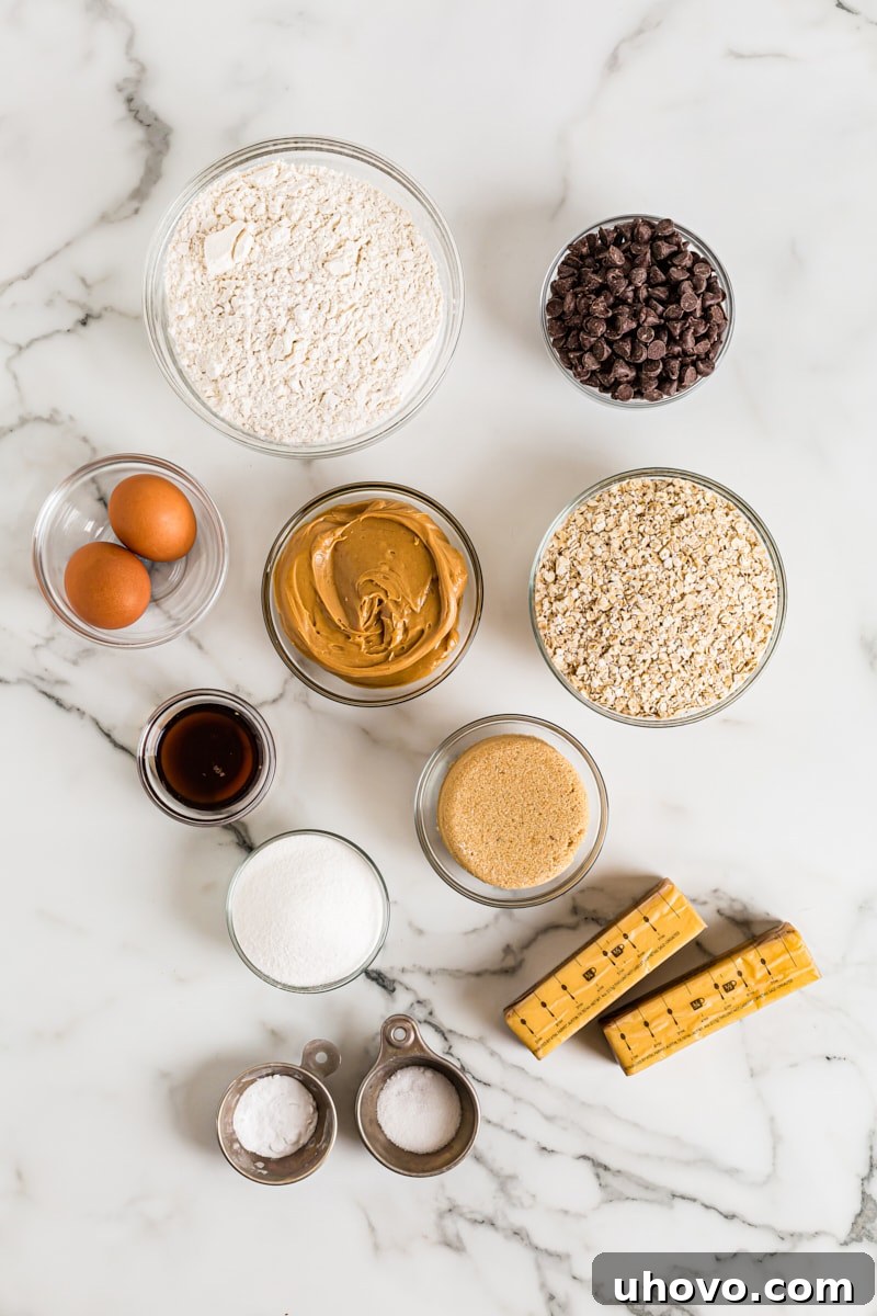 Overhead view of ingredients for Oatmeal Peanut Butter Chocolate Chip Cookies
