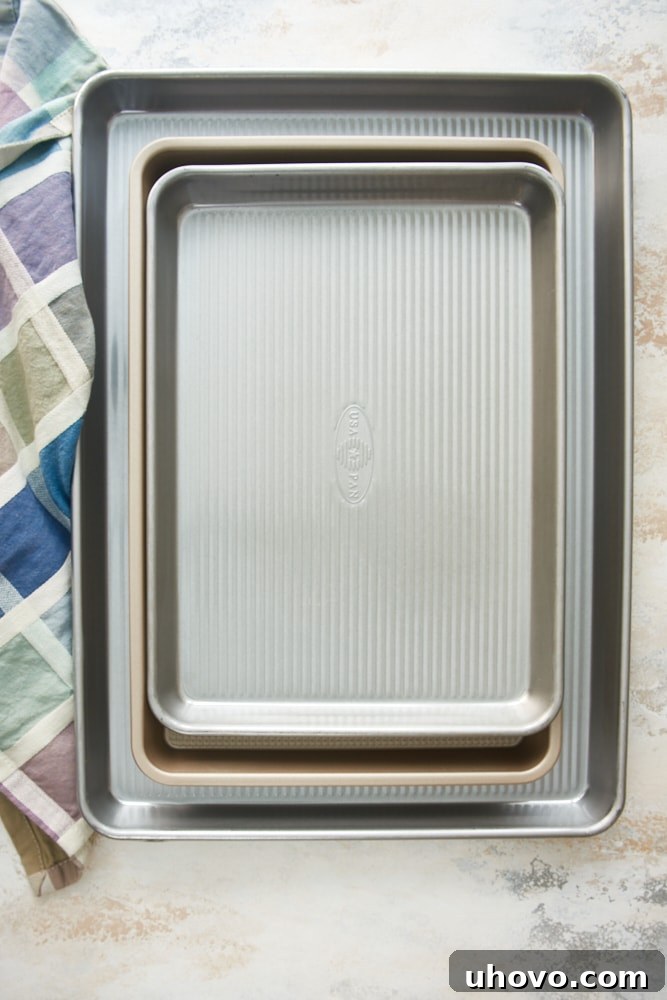 overhead view of three sheet pans stacked together