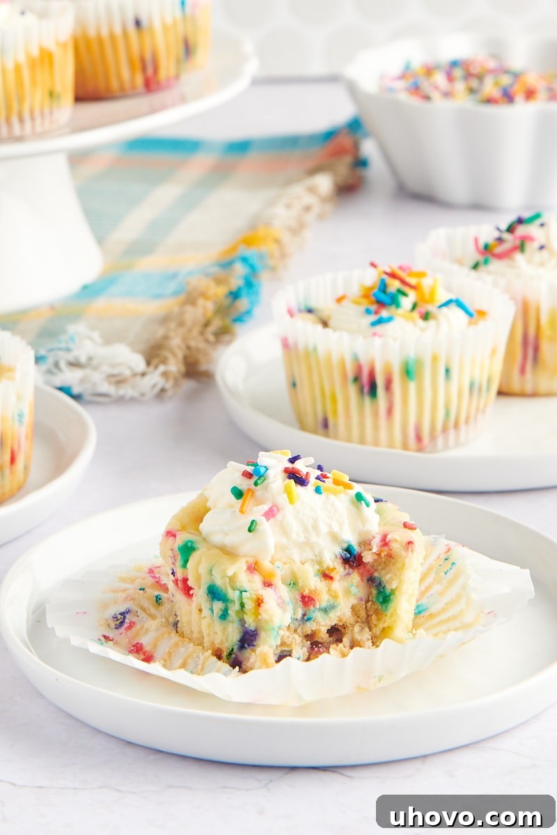 A perfectly baked Mini Funfetti Cheesecake on a pristine white plate, with more colorful cheesecakes artfully blurred in the background. A small bite is missing from the front cheesecake, revealing its creamy texture and sprinkle-filled interior.