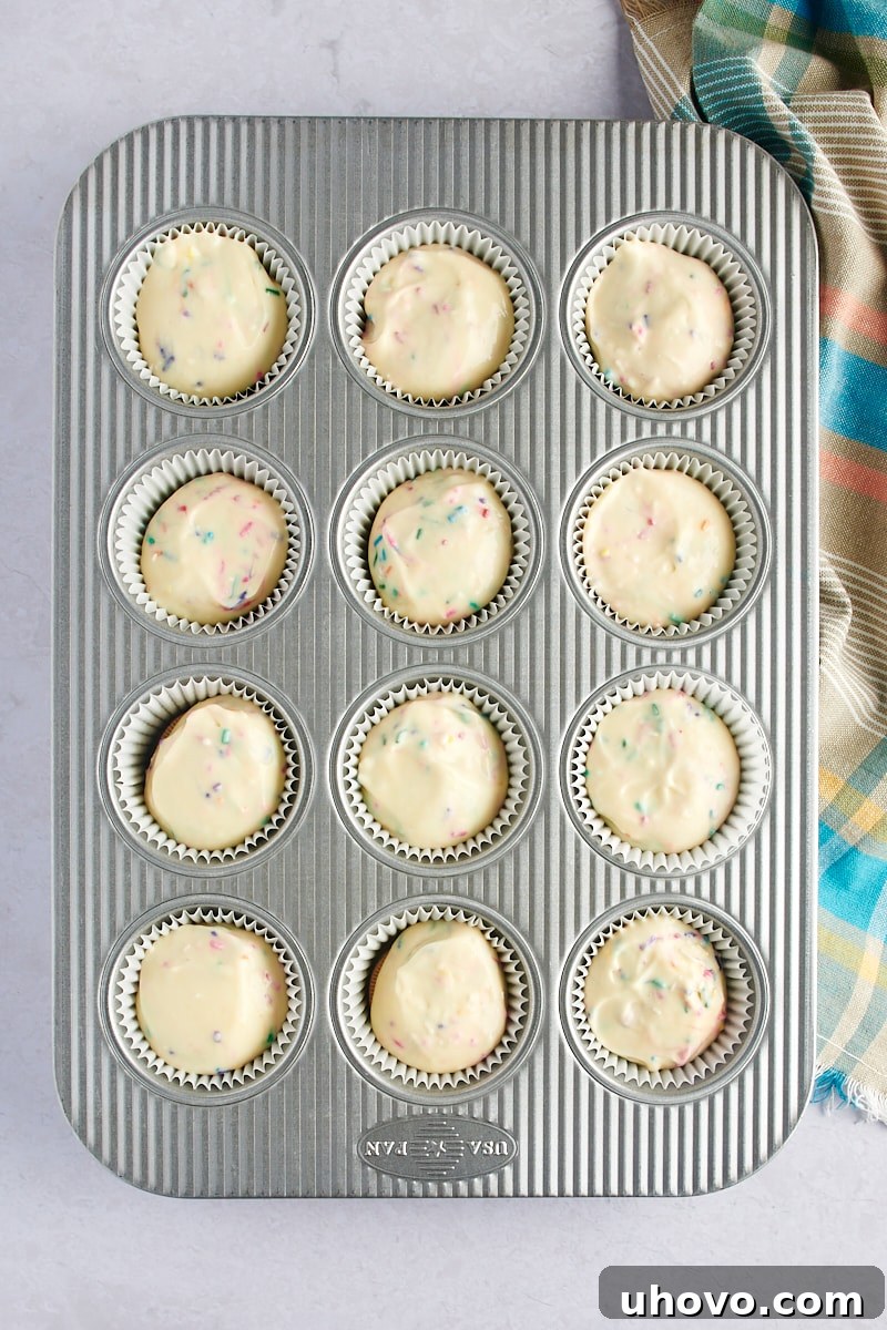 An overhead shot of Mini Funfetti Cheesecakes batter carefully portioned into paper-lined muffin cups, ready to be baked in the oven.