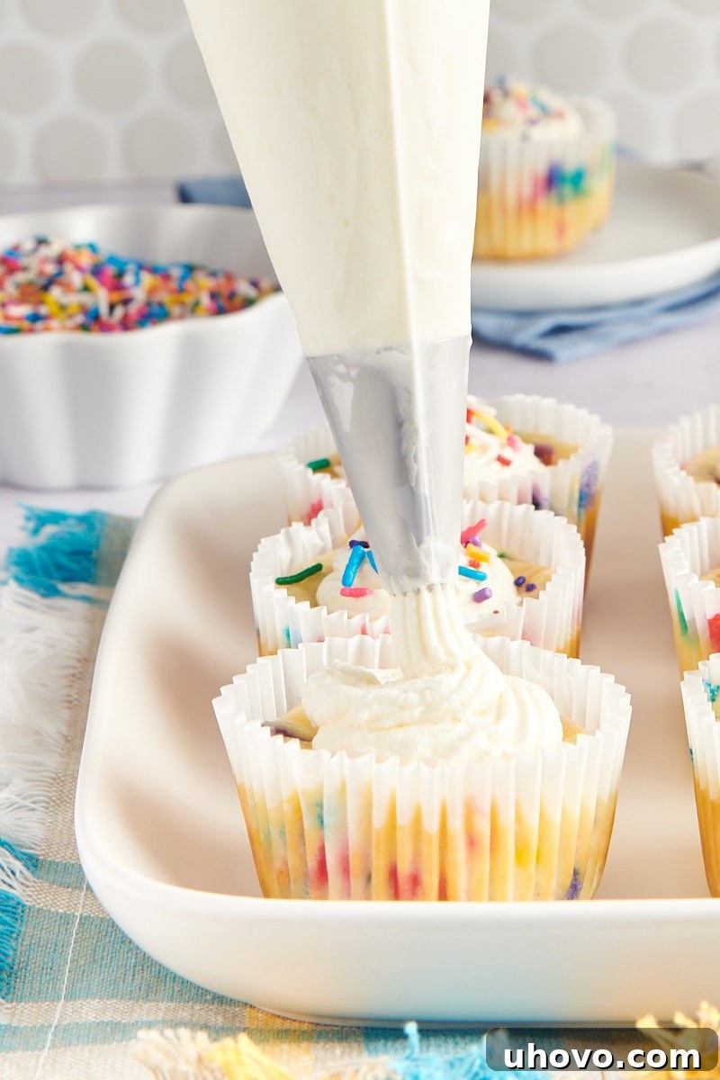 A close-up shot of sweetened whipped cream being artfully piped onto a Mini Funfetti Cheesecake, ready for final garnishing.