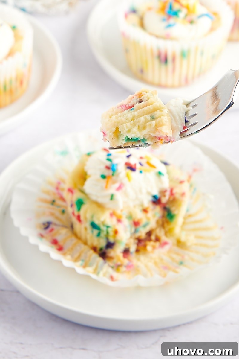 A fork holding a bite-sized piece of Mini Funfetti Cheesecake, positioned in front of the remaining cheesecake, highlighting its soft texture and colorful sprinkles.