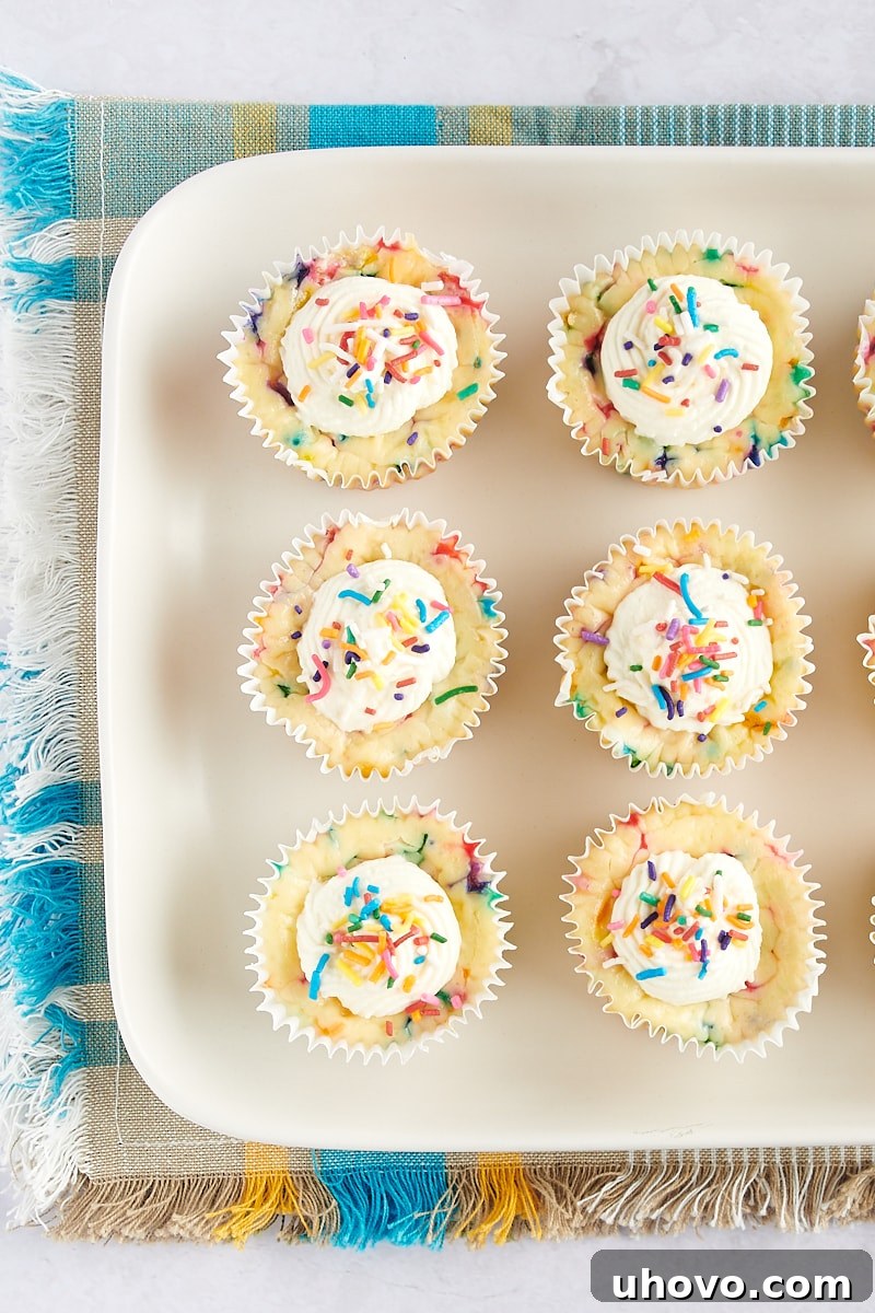 An overhead shot showcasing an arrangement of Mini Funfetti Cheesecakes on a white serving tray, with a colorful patterned fabric elegantly draped underneath.