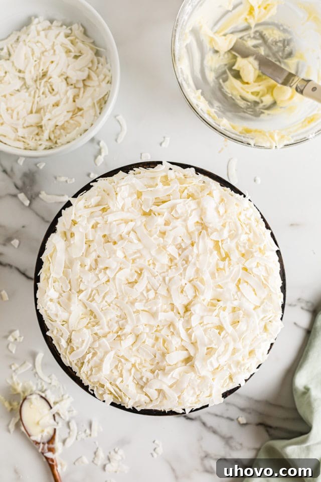 Overhead view of a beautifully frosted two-layer coconut cake, generously sprinkled with shredded coconut, ready for serving.