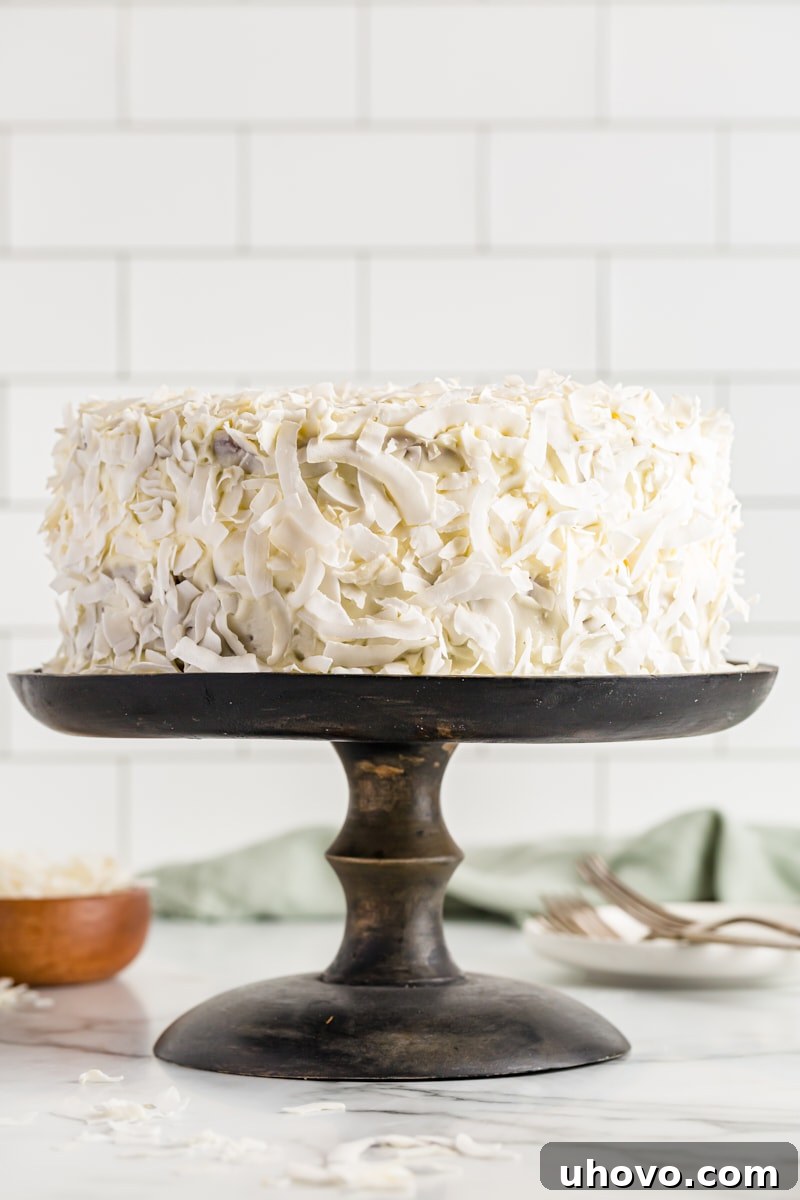 A stunning side view of a whole, decorated coconut cake presented on an elegant cake stand, showcasing its multiple layers and abundant shredded coconut topping.