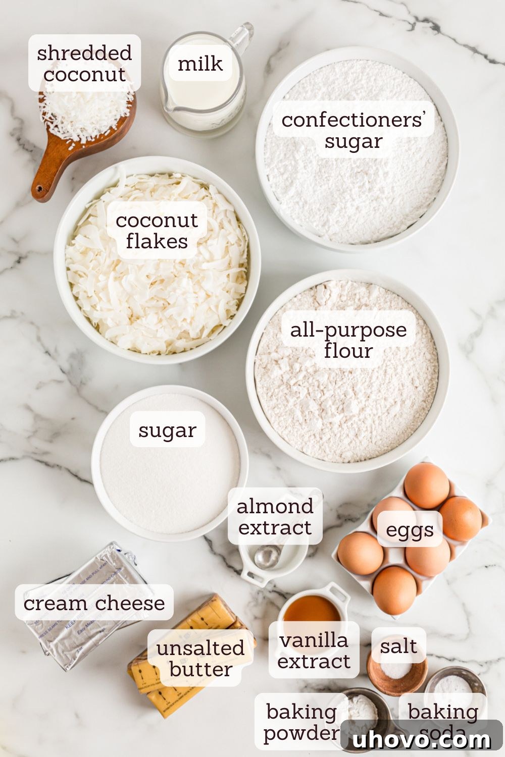 An overhead shot showcasing all the essential ingredients laid out for making a delicious coconut cake, including butter, eggs, flour, sugar, milk, and shredded coconut.