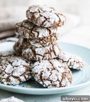 Hazelnut Crinkle Cookies stacked on a light blue plate