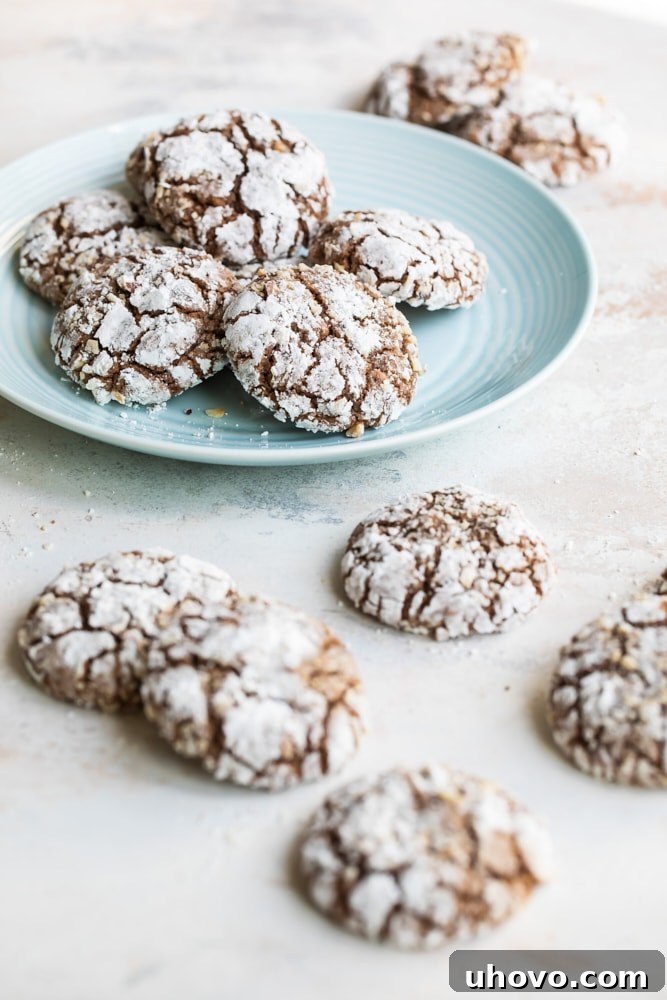 Hazelnut crinkle cookies on a light blue plate with more cookies around the plate.