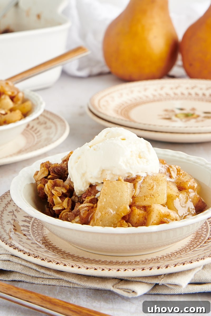 A comforting bowl of Brown Butter Pear Crisp, generously topped with a scoop of vanilla ice cream, ready to be enjoyed.