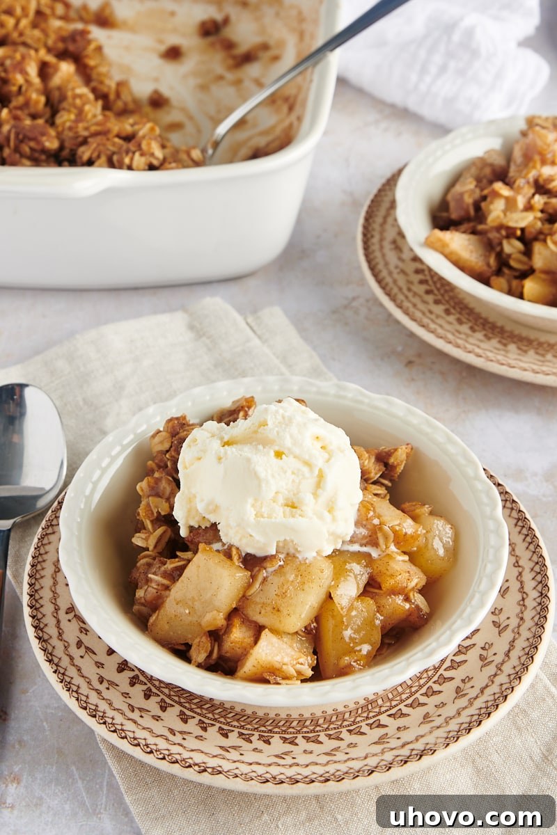 A beautifully presented serving of Brown Butter Pear Crisp, generously topped with a scoop of creamy vanilla ice cream, served in a pristine white bowl.