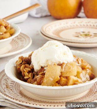 bowl of Brown Butter Pear Crisp topped with ice cream