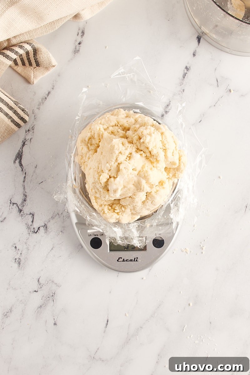 Overhead view of a disc of homemade pie crust dough resting on a digital kitchen scale, emphasizing the importance of precise measurement for consistent baking results.
