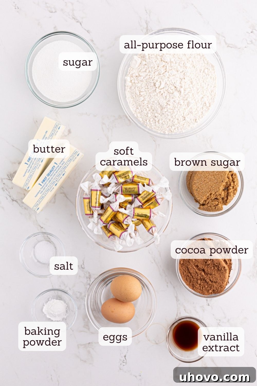 Overhead view of ingredients for chocolate caramel cookies