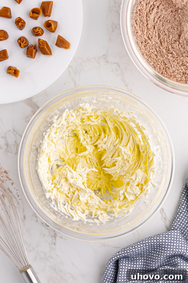 Overhead view of creamed butter in bowl