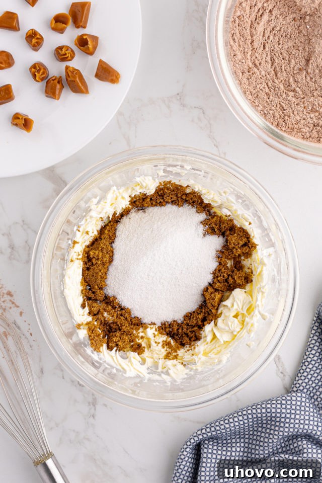 Overhead view of brown and white sugar added to creamed butter
